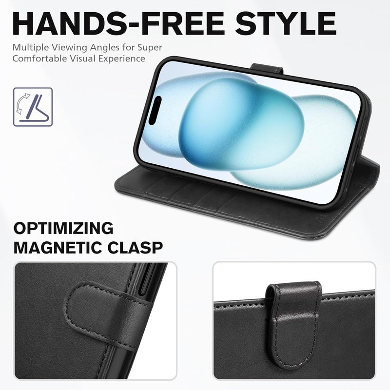 TUCCH Case Wallet for iPhone 15 6.1", Kickstand PU Leather [RFID Blocking] 4 Card Holder Magnetic Stand Protective Cover [TPU Shockproof Inner Shell] 5G 2023, Black - Image 4